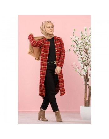 Chemise longue à carreaux rouge, noir et camel (Mode islamique Automne-Hiver) 