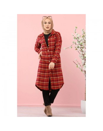 Chemise longue à carreaux rouge, noir et camel (Mode islamique Automne-Hiver) 