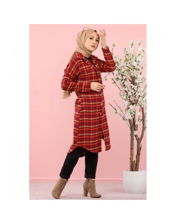 Chemise longue à carreaux rouge, noir et camel (Mode islamique Automne-Hiver) 