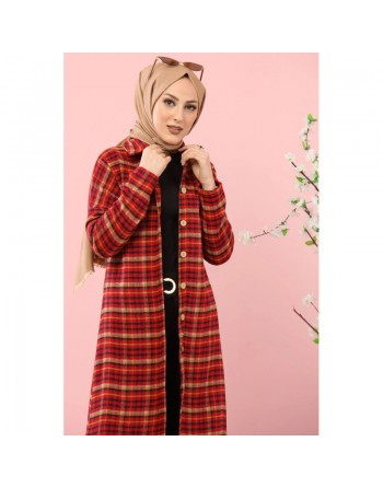 Chemise longue à carreaux rouge, noir et camel (Mode islamique Automne-Hiver) 