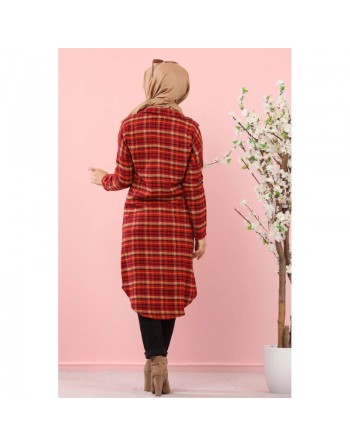 Chemise longue à carreaux rouge, noir et camel (Mode islamique Automne-Hiver) 
