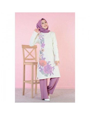Tunique longue imprimée grandes fleurs mauves (Vetement hijab en ligne) 
