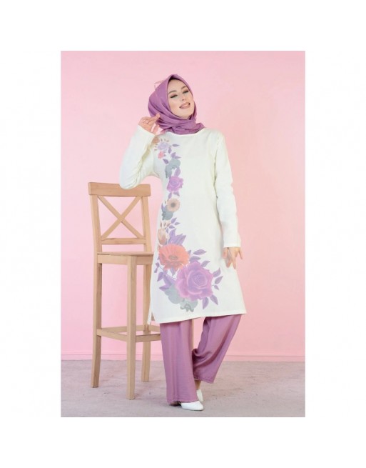 Tunique longue imprimée grandes fleurs mauves (Vetement hijab en ligne) 
