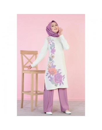 Tunique longue imprimée grandes fleurs mauves (Vetement hijab en ligne) 