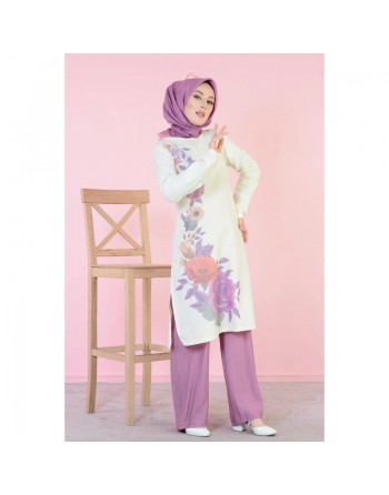 Tunique longue imprimée grandes fleurs mauves (Vetement hijab en ligne) 