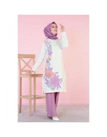 Tunique longue imprimée grandes fleurs mauves (Vetement hijab en ligne) 