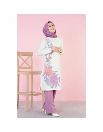 Tunique longue imprimée grandes fleurs mauves (Vetement hijab en ligne) 