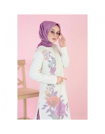 Tunique longue imprimée grandes fleurs mauves (Vetement hijab en ligne) 