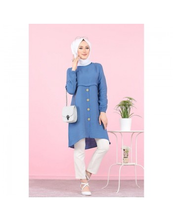 Tunique ample évasée boutonnée pour femme (Tenue Mastoura pour Hijab) - Couleur Bleu indigo 