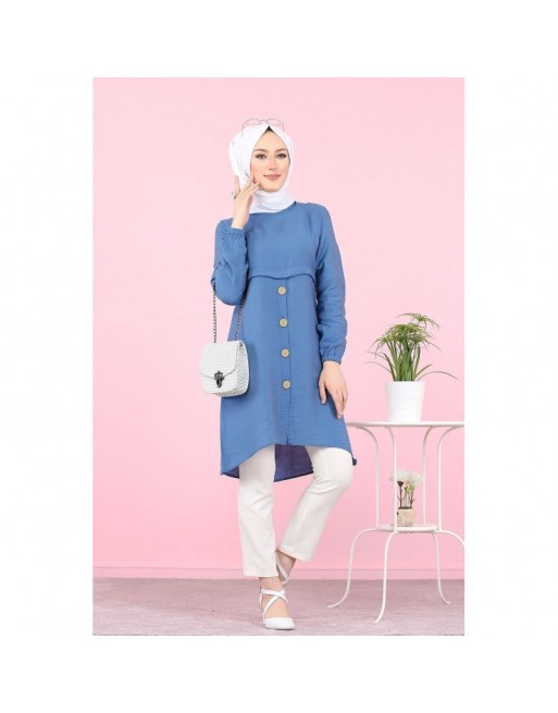 Tunique ample évasée boutonnée pour femme (Tenue Mastoura pour Hijab) - Couleur Bleu indigo Tunique ample évasée boutonnée pour femme (Tenue Mastoura pour Hijab) - Couleur Bleu indigo