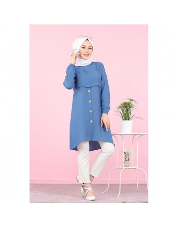 Tunique ample évasée boutonnée pour femme (Tenue Mastoura pour Hijab) - Couleur Bleu indigo 