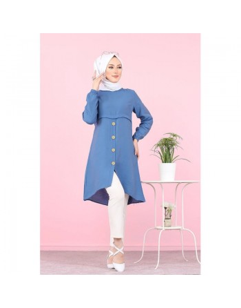 Tunique ample évasée boutonnée pour femme (Tenue Mastoura pour Hijab) - Couleur Bleu indigo 