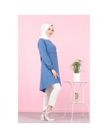 Tunique ample évasée boutonnée pour femme (Tenue Mastoura pour Hijab) - Couleur Bleu indigo 