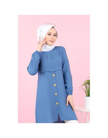 Tunique ample évasée boutonnée pour femme (Tenue Mastoura pour Hijab) - Couleur Bleu indigo 