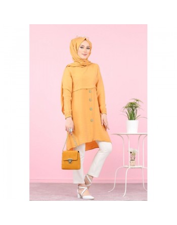 Tunique ample évasée boutonnée pour femme (Vetement Mastour pour Hijab) - Couleur Jaune moutarde 