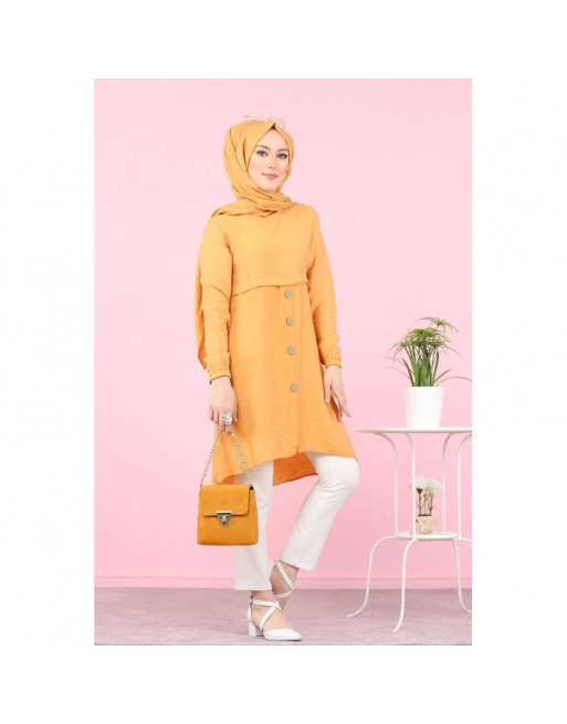 Tunique ample évasée boutonnée pour femme (Vetement Mastour pour Hijab) - Couleur Jaune moutarde Tunique ample évasée boutonnée pour femme (Vetement Mastour pour Hijab) - Couleur Jaune moutarde