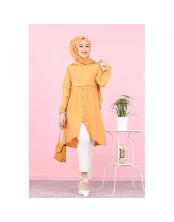 Tunique ample évasée boutonnée pour femme (Vetement Mastour pour Hijab) - Couleur Jaune moutarde 