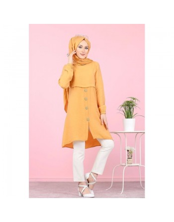 Tunique ample évasée boutonnée pour femme (Vetement Mastour pour Hijab) - Couleur Jaune moutarde 