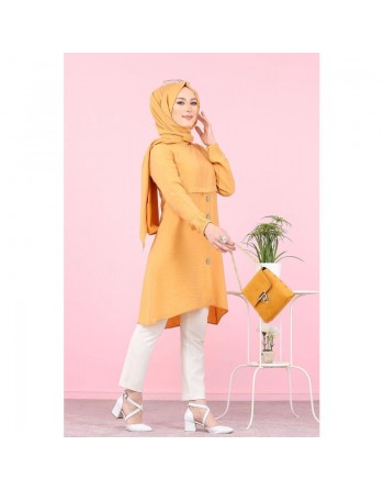 Tunique ample évasée boutonnée pour femme (Vetement Mastour pour Hijab) - Couleur Jaune moutarde 