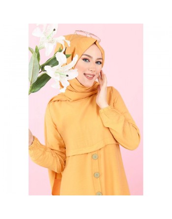 Tunique ample évasée boutonnée pour femme (Vetement Mastour pour Hijab) - Couleur Jaune moutarde 