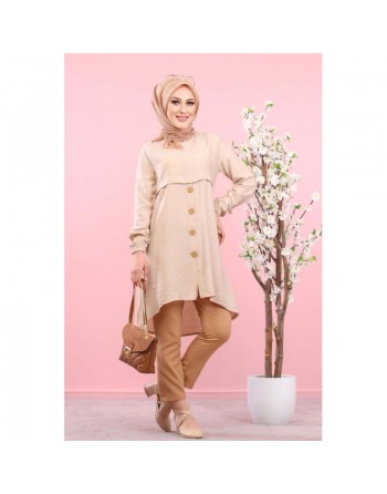 Tunique élégante large boutonnée (Tenue Hijab & Mastour pour femme voilée) - Couleur Beige 