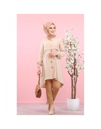 Tunique élégante large boutonnée (Tenue Hijab & Mastour pour femme voilée) - Couleur Beige 