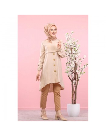 Tunique élégante large boutonnée (Tenue Hijab & Mastour pour femme voilée) - Couleur Beige 