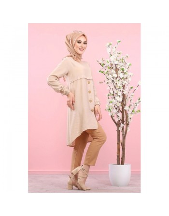 Tunique élégante large boutonnée (Tenue Hijab & Mastour pour femme voilée) - Couleur Beige 