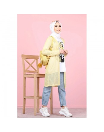 Tunique T-Shirt "illustration hijab" manches longues + Gilet-Cardigan assorti (Mode musulmane pour jeune femme voilée) -... 