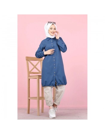 Tunique-Chemise ample boutonnée (Vêtement moderne et décontracté pour hijab) - Couleur bleu Pétrole 