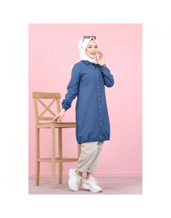 Tunique-Chemise ample boutonnée (Vêtement moderne et décontracté pour hijab) - Couleur bleu Pétrole 