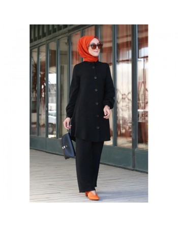 Chemise mi-longue fluide ample légèrement brillante (Chemises femme hijab mode) - Couleur Noir 