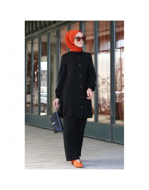 Chemise mi-longue fluide ample légèrement brillante (Chemises femme hijab mode) - Couleur Noir Chemise mi-longue fluide ample légèrement brillante (Chemises femme hijab mode) - Couleur Noir