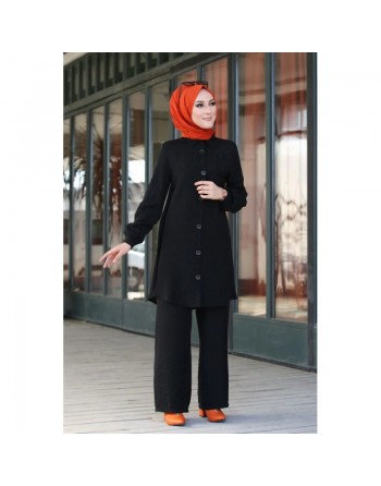 Chemise mi-longue fluide ample légèrement brillante (Chemises femme hijab mode) - Couleur Noir 
