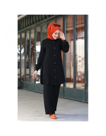 Chemise mi-longue fluide ample légèrement brillante (Chemises femme hijab mode) - Couleur Noir 