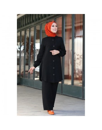 Chemise mi-longue fluide ample légèrement brillante (Chemises femme hijab mode) - Couleur Noir 