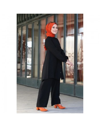 Chemise mi-longue fluide ample légèrement brillante (Chemises femme hijab mode) - Couleur Noir 