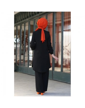 Chemise mi-longue fluide ample légèrement brillante (Chemises femme hijab mode) - Couleur Noir 