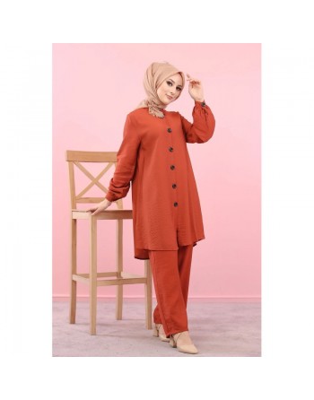 Chemise mi-longue fluide ample légèrement brillante (Chemises femme hijab) - Couleur Rouille 