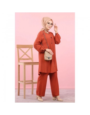 Chemise mi-longue fluide ample légèrement brillante (Chemises femme hijab) - Couleur Rouille 