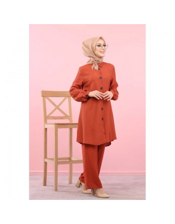 Chemise mi-longue fluide ample légèrement brillante (Chemises femme hijab) - Couleur Rouille 