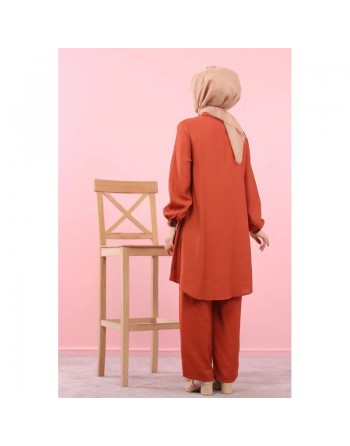 Chemise mi-longue fluide ample légèrement brillante (Chemises femme hijab) - Couleur Rouille 