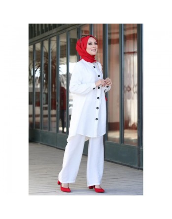 Chemise mi-longue fluide ample légèrement brillante (Modest Fashion) - Couleur blanc 