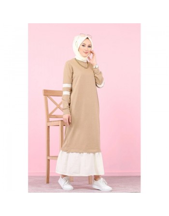 Robe longue moderne bi-couleur pour femme voilée (Robes Hijab pas cher) - Couleur Beige et blanc 