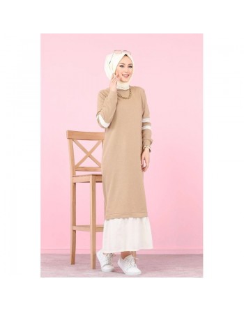 Robe longue moderne bi-couleur pour femme voilée (Robes Hijab pas cher) - Couleur Beige et blanc 