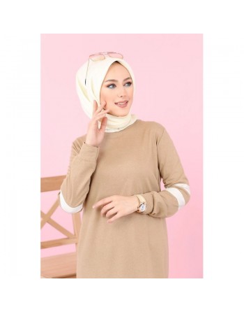 Robe longue moderne bi-couleur pour femme voilée (Robes Hijab pas cher) - Couleur Beige et blanc 