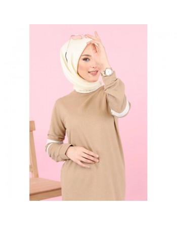 Robe longue moderne bi-couleur pour femme voilée (Robes Hijab pas cher) - Couleur Beige et blanc 