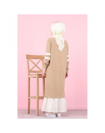 Robe longue moderne bi-couleur pour femme voilée (Robes Hijab pas cher) - Couleur Beige et blanc 