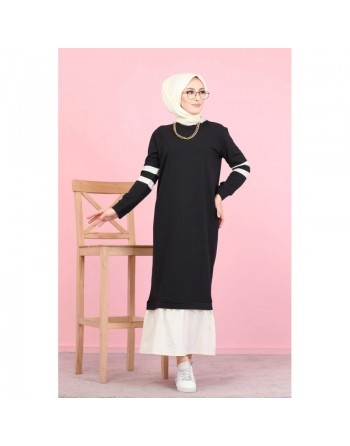 Robe longue moderne bi-couleur pour femme musulmane (Robes Mastour Hidjab pas cher) - Couleur Noir et blanc 