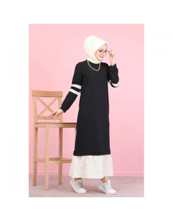Robe longue moderne bi-couleur pour femme musulmane (Robes Mastour Hidjab pas cher) - Couleur Noir et blanc 